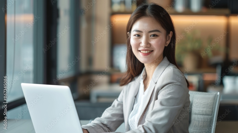 a young smiling chinese businesswoman is sitting at his laptop in the office a young smiling chinese businesswoman is sitting at his laptop in the office