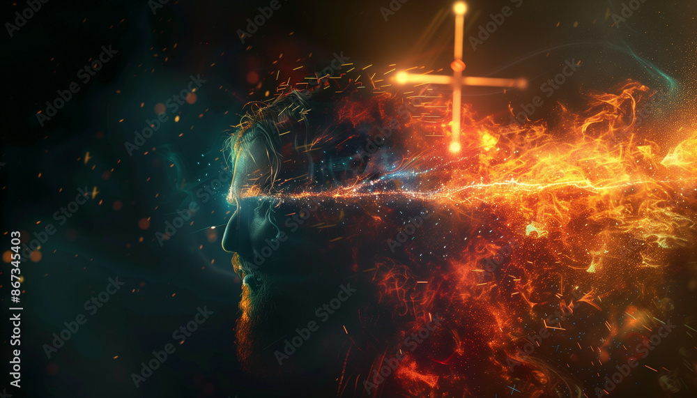 The image features a dramatic and ethereal depiction of a bearded man's profile with fiery and cosmic elements merging in a celestial explosion The image features a dramatic and ethereal depiction of a bearded man's profile with fiery and cosmic elements merging in a celestial explosion