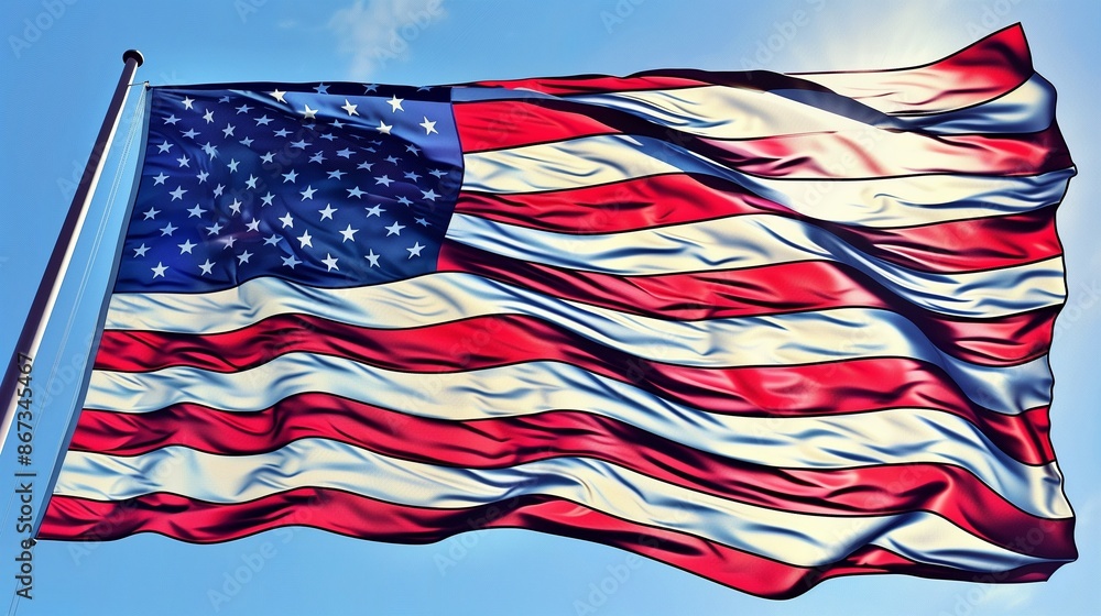 Obraz premium An artistic shot of the American flag, its fabric rippling in the breeze, set against an expanse of clear, blue sky.