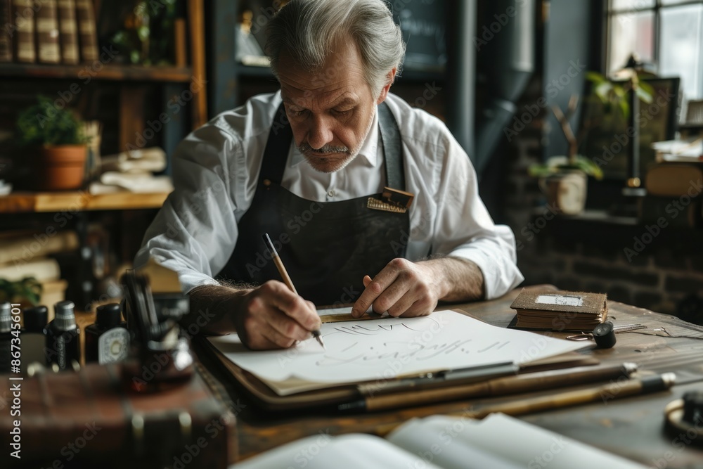 American calligrapher writing personalized notes for online customers, serene and traditional studio, calm and meticulous, with ink and paper American calligrapher writing personalized notes for online customers, serene and traditional studio, calm and meticulous, with ink and paper