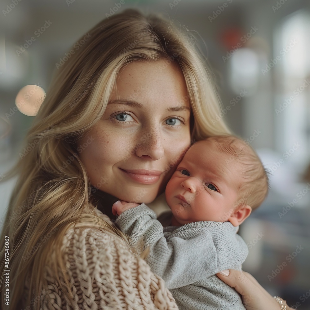 Beautiful blonde mother holding her newborn in maternity ward after delivery. New mom welcoming her first child into the world Beautiful blonde mother holding her newborn in maternity ward after delivery. New mom welcoming her first child into the world