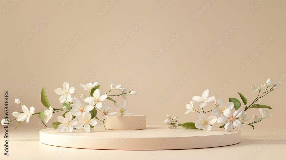 Platform for product displays with white flowers and beige background. Platform for product displays with white flowers and beige background.