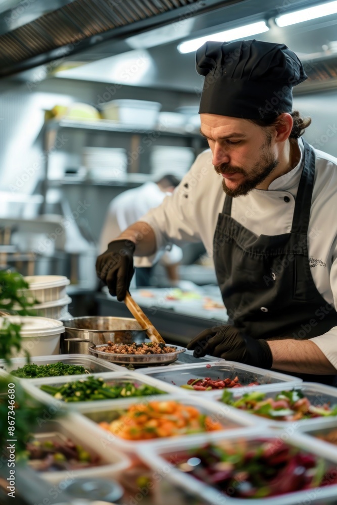 Portrait of an American chef preparing gourmet meals for online delivery, clean and organized kitchen, meticulous and passionate Portrait of an American chef preparing gourmet meals for online delivery, clean and organized kitchen, meticulous and passionate