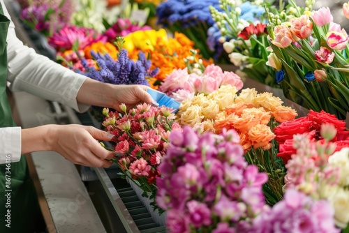 Wallpaper Mural European-American florist packaging floral arrangements for online orders, vibrant flowers, cheerful and meticulous Torontodigital.ca