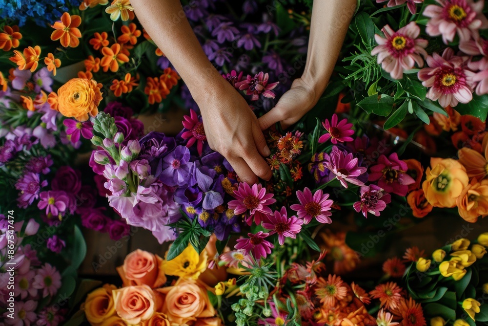 Close-up of European hands arranging floral bouquets for online sales, vibrant colors and meticulous detail Close-up of European hands arranging floral bouquets for online sales, vibrant colors and meticulous detail