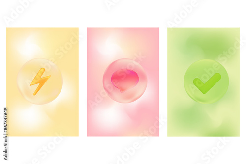 Cute yellow, green, pink color icon set with speech bubble, energy lightening bolt, check mark icon with gradient background. Glowing bubble icons, vector for presentation, infographics, social media
