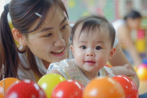 Infant Playing. Young Baby Engaged in Educational Activities with Teacher in Classroom