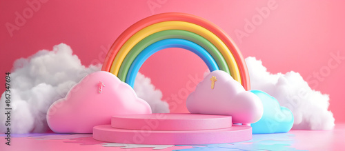Rainbow Cloud Podium A podium with a rainbow and cloud theme, perfect for a whimsical and colorful display backdrop