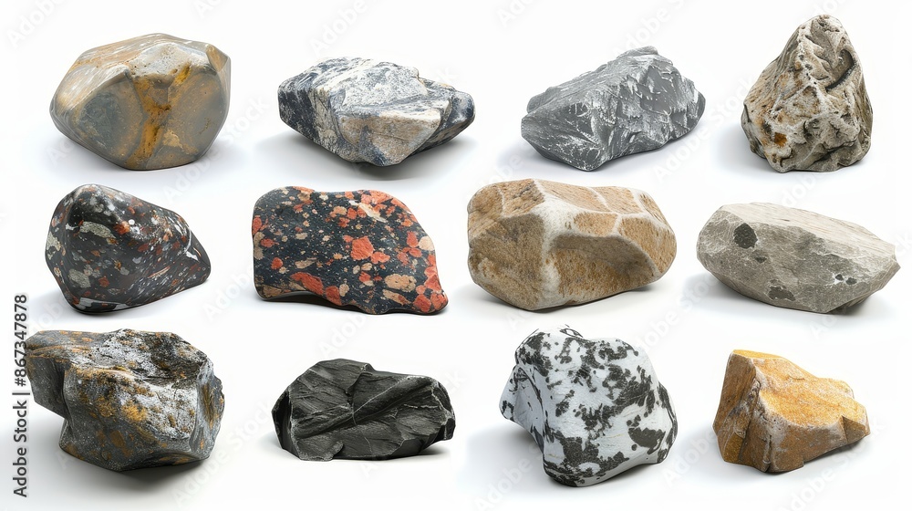 A collection of rocks, diverse in shape and color, displayed against a stark white background. The rocks, ranging from smooth and rounded to angular A collection of rocks, diverse in shape and color, displayed against a stark white background. The rocks, ranging from smooth and rounded to angular