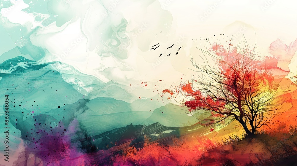 Abstract sketches of nature scenes with a mix of realistic and stylized elements in vivid colors Abstract sketches of nature scenes with a mix of realistic and stylized elements in vivid colors