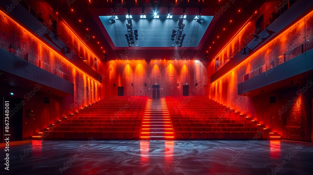 A dark room with red lighting and stairs. A dark room with red lighting and stairs.