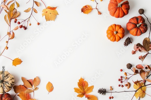 Thanksgiving background decoration, fall leaves, berries and pumpkins on a white background