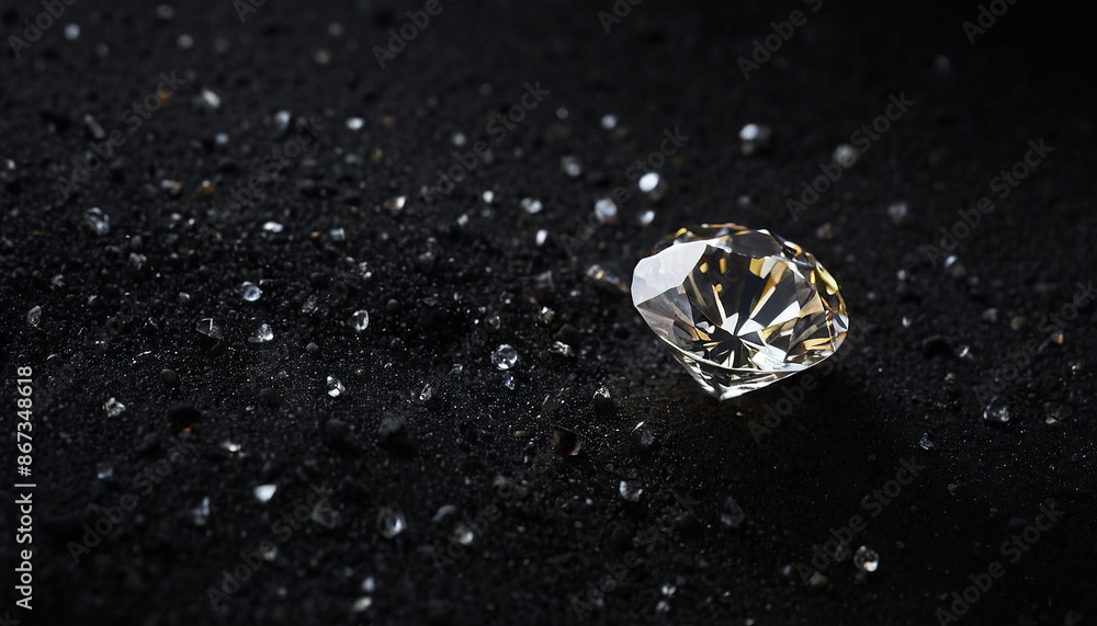 A large, brilliant diamond rests on a bed of black sand, surrounded by smaller, glittering stones A large, brilliant diamond rests on a bed of black sand, surrounded by smaller, glittering stones