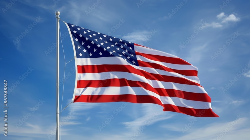 The American flag soaring high, its fabric catching the wind perfectly, set against a flawless blue sky with no clouds. The American flag soaring high, its fabric catching the wind perfectly, set against a flawless blue sky with no clouds.