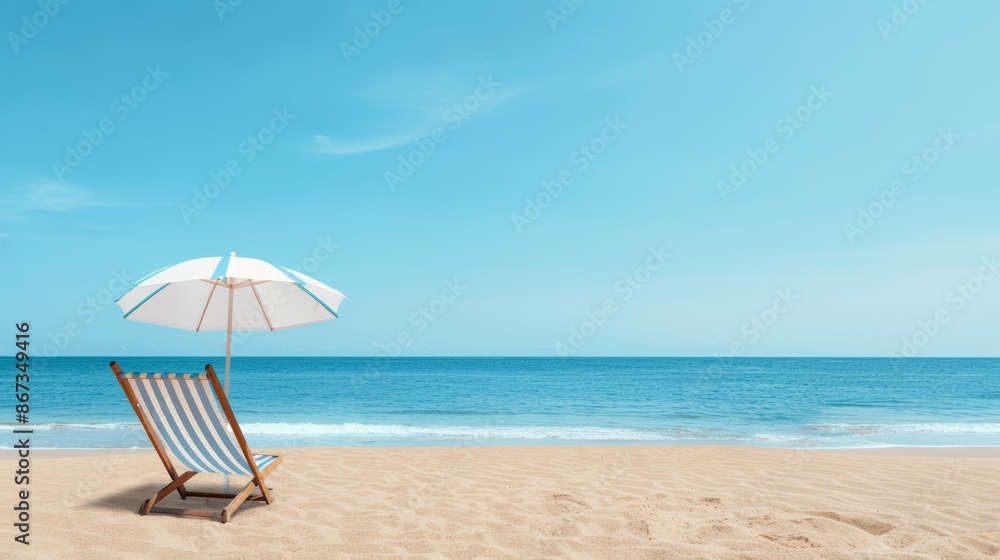 Stylish chaise lounge and a striped umbrella on a sun-kissed sandy beach, gentle waves lapping at the shore, idyllic scene for a serene beach getaway Stylish chaise lounge and a striped umbrella on a sun-kissed sandy beach, gentle waves lapping at the shore, idyllic scene for a serene beach getaway