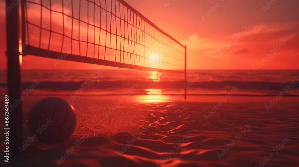 Sunset beach volleyball, dynamic players spiking and blocking, warm orange and pink sky reflecting off the ocean, sand flying, perfect summer vacation setting Sunset beach volleyball, dynamic players spiking and blocking, warm orange and pink sky reflecting off the ocean, sand flying, perfect summer vacation setting