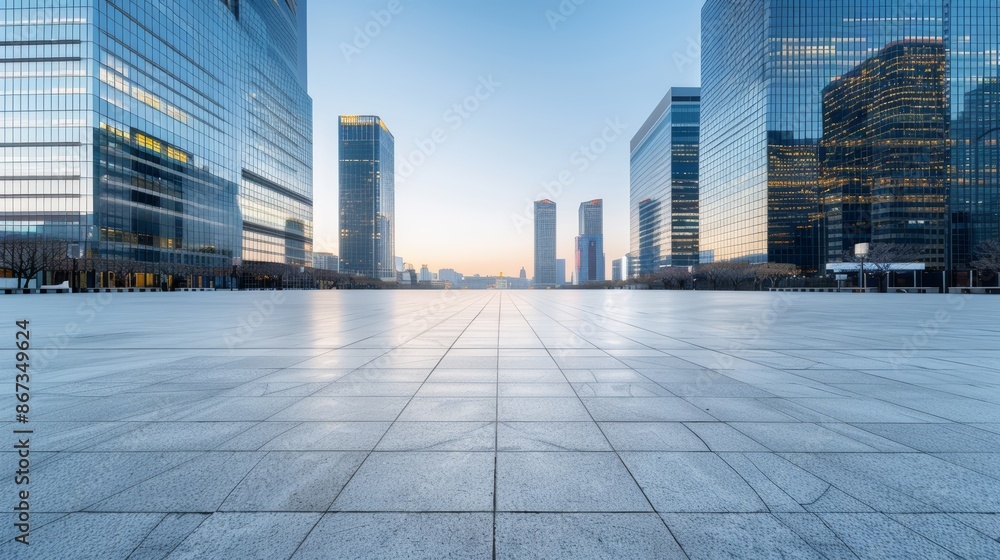 Fototapeta premium Tranquil empty square with skyscrapers silhouetted in the dusk light, downtown city skyline in the background, no vehicles or people visible