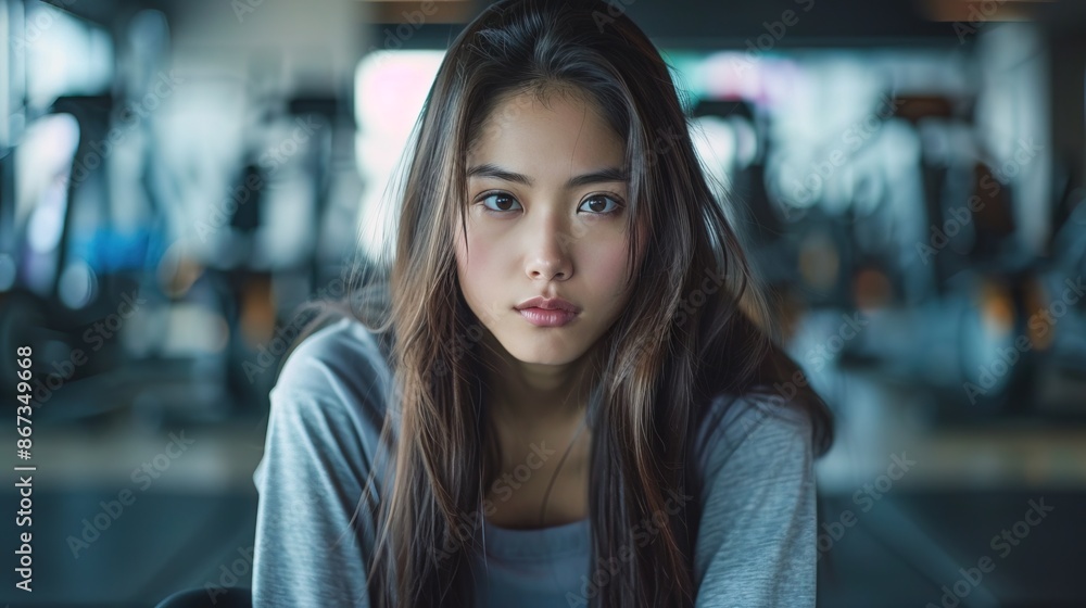 Beautiful korean woman with long straight hair doing squat at the gym, front view, dramatic light Beautiful korean woman with long straight hair doing squat at the gym, front view, dramatic light