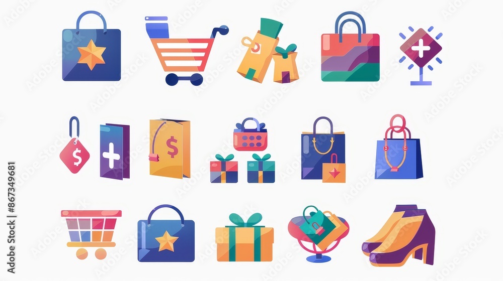 Vector icons depict online shopping concepts like baskets, delivery, gifts, promotions, payments, cards, bonuses, and discounts. Vector icons depict online shopping concepts like baskets, delivery, gifts, promotions, payments, cards, bonuses, and discounts.
