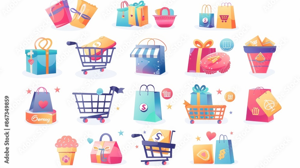 Vector icons depict online shopping concepts like baskets, delivery, gifts, promotions, payments, cards, bonuses, and discounts. Vector icons depict online shopping concepts like baskets, delivery, gifts, promotions, payments, cards, bonuses, and discounts.