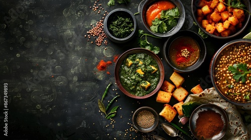 A top-down view of a vegetarian Indian meal spread across a dark table featuring bowls of palak paneer and aloo photo