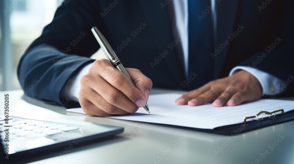 Closeup a businessman writing with papers and pen at desk in office Closeup a businessman writing with papers and pen at desk in office