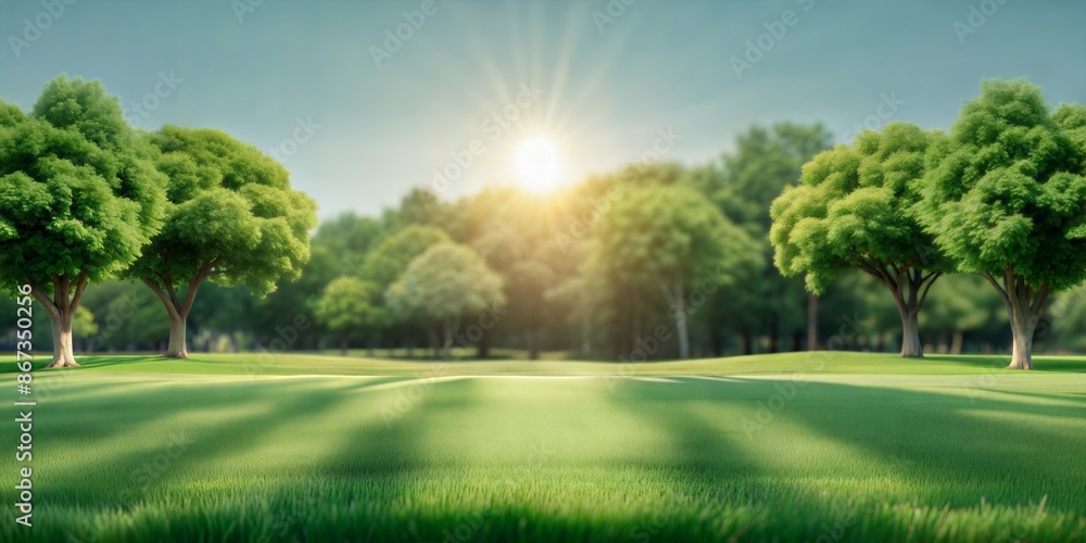 Obraz premium Sunny Lawn with Trees and Copy Space Blur: A bright, sunlit blurred background of a neatly trimmed lawn surrounded by lush green trees, with a large area of clear sky ideal for adding text or images. 