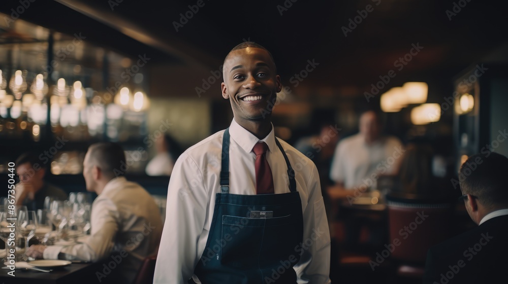 Smiling Waiter in Apron Offering Excellent Service in restaurant Smiling Waiter in Apron Offering Excellent Service in restaurant