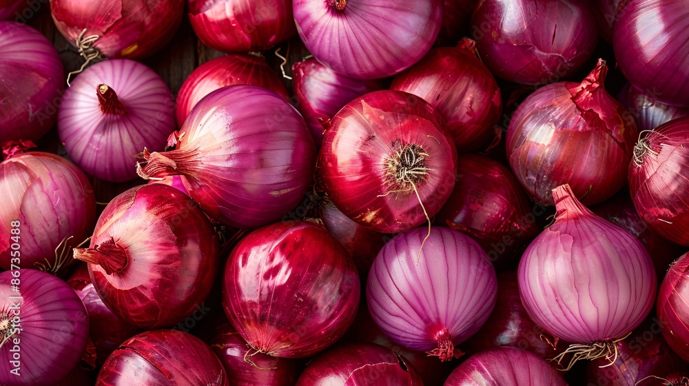 Close-Up of Fresh Red Onions, Emphasizing Natural Produce, Health, and Culinary Ingredients, Ideal for Illustrating Agriculture and Cooking Concepts Close-Up of Fresh Red Onions, Emphasizing Natural Produce, Health, and Culinary Ingredients, Ideal for Illustrating Agriculture and Cooking Concepts