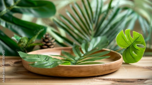 Wooden plate with natural palm leaves offers an eco-friendly, sustainable approach to product presentation, creating a visually appealing arrangement.