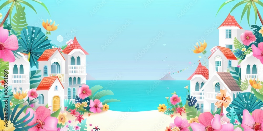 Illustration of a Mediterranean coastal village with lush greenery and a clear blue sea. Idyllic summer vacation concept. Illustration of a Mediterranean coastal village with lush greenery and a clear blue sea. Idyllic summer vacation concept.
