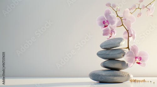 Pink orchids with smooth stones on a soft light blue background. Simple and elegant spa or relaxation scene.