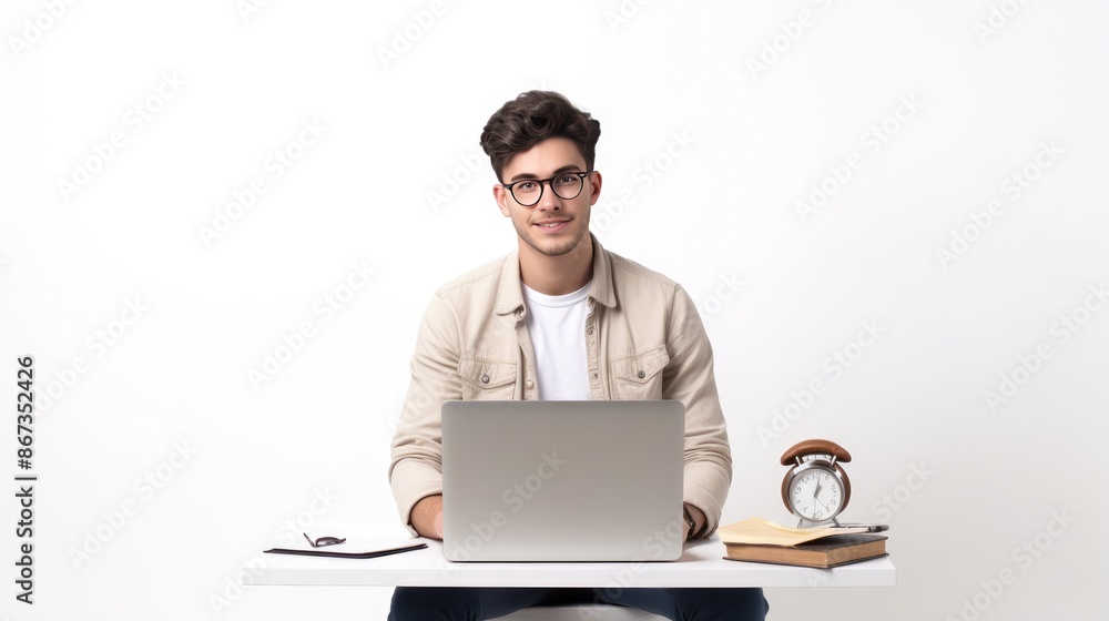 Closeup a confident businessman using laptop on white background Closeup a confident businessman using laptop on white background