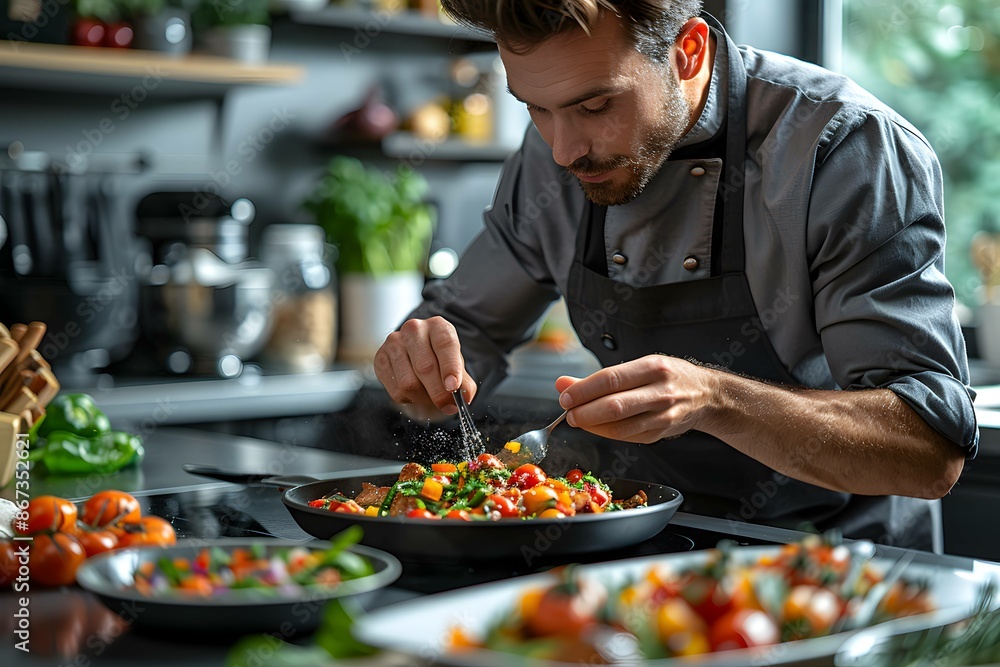 Chef's meticulous touch on a gourmet dish. Chef's meticulous touch on a gourmet dish.