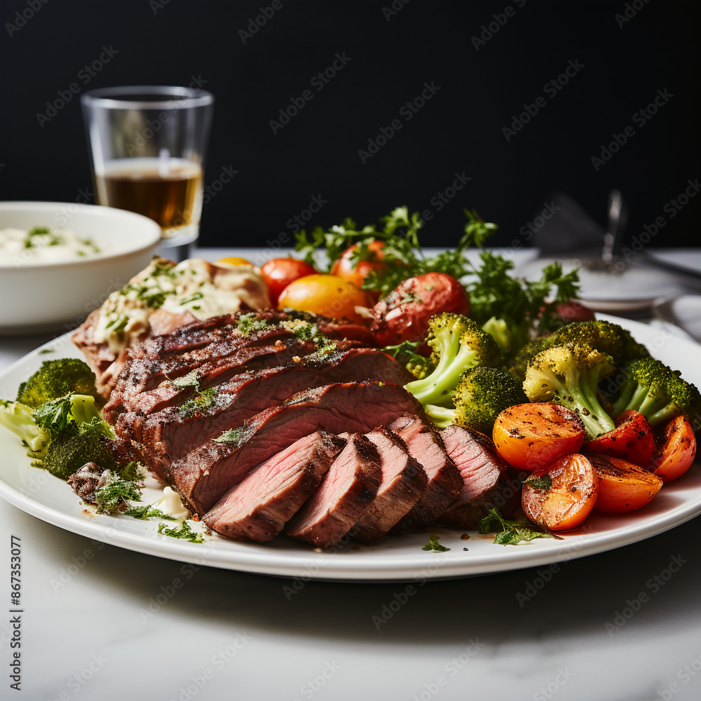 Roast Beef with Vegetables and Sauce on a Trendy Plate Roast Beef with Vegetables and Sauce on a Trendy Plate