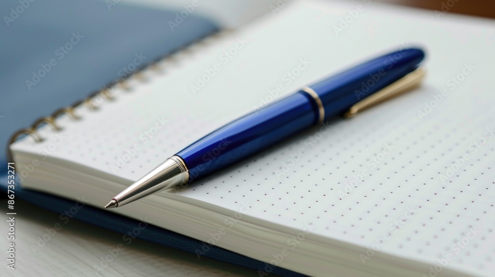 Blue pen next to empty notebook Blue pen next to empty notebook