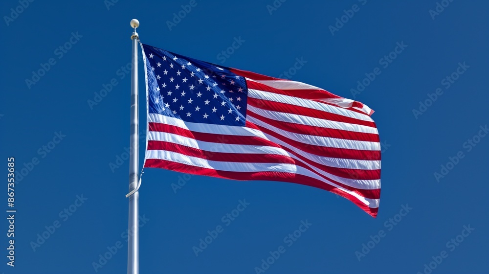 A dramatic angle of the American flag, its colors standing out in stark contrast to the deep blue sky behind it, emphasizing its significance. A dramatic angle of the American flag, its colors standing out in stark contrast to the deep blue sky behind it, emphasizing its significance.