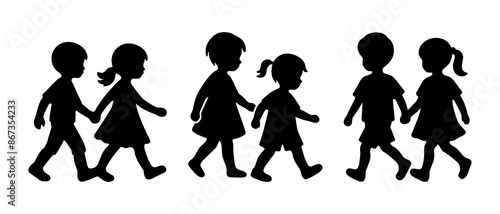 Children walking side view silhouette black filled vector Illustration icon