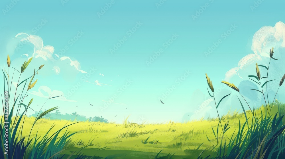 Scenic landscape of a green meadow under a blue sky, ideal for backgrounds, illustrations, and nature scenes. Scenic landscape of a green meadow under a blue sky, ideal for backgrounds, illustrations, and nature scenes.
