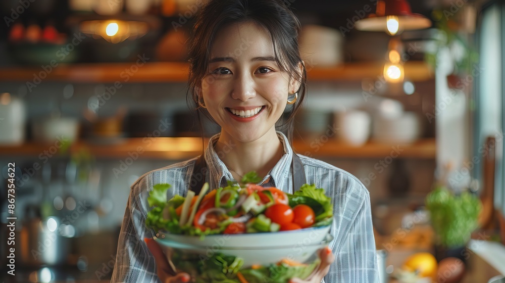 korean woman smiling happily and holding a healthy vegetable salad bowl on blurred kitchen background korean woman smiling happily and holding a healthy vegetable salad bowl on blurred kitchen background