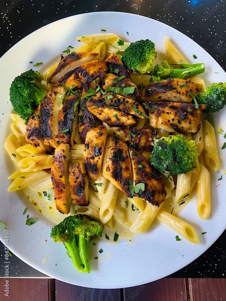 Grilled chicken and pasta with broccoli on a plate. Grilled chicken and pasta with broccoli on a plate.