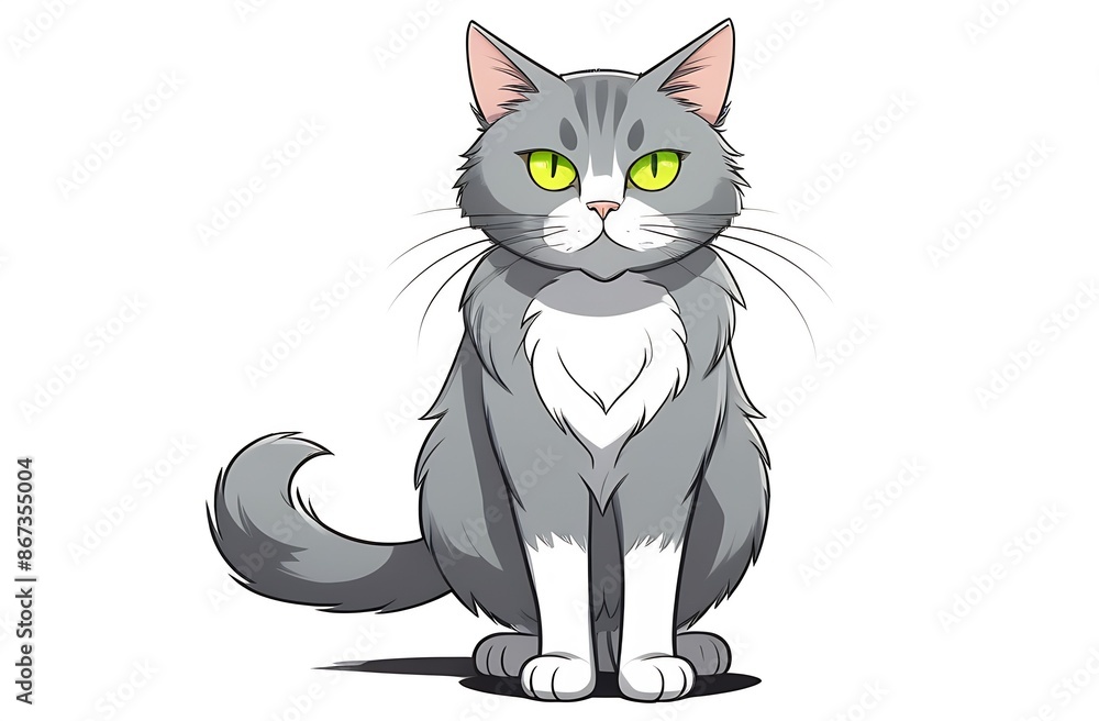 Cartoon illustration, close-up of a gray cat with yellow eyes on a white background, a pet sitting proudly, a decorative element or print for wallpaper design, packaging, clothing Cartoon illustration, close-up of a gray cat with yellow eyes on a white background, a pet sitting proudly, a decorative element or print for wallpaper design, packaging, clothing