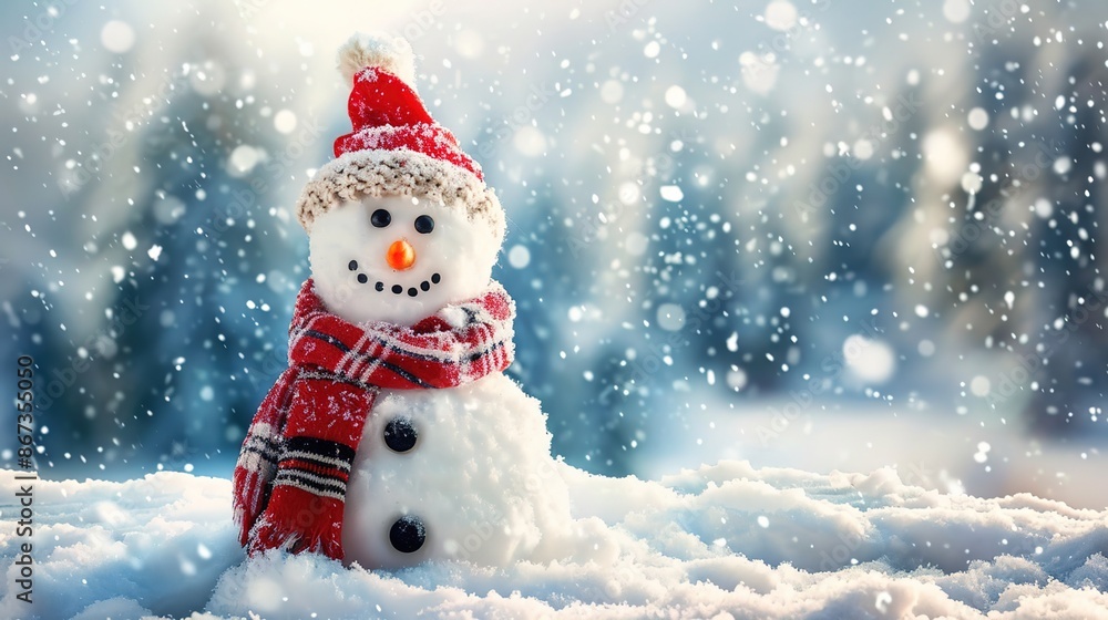 Fototapeta premium Festive Snowman Enjoying Winter Wonderland - Smiling Snowman with Scarf and Hat in Snowy Scene