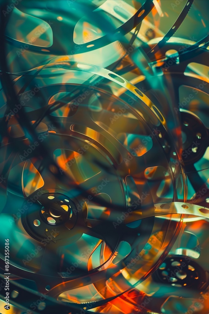 A close up of a colorful background with film reels. A close up of a colorful background with film reels.