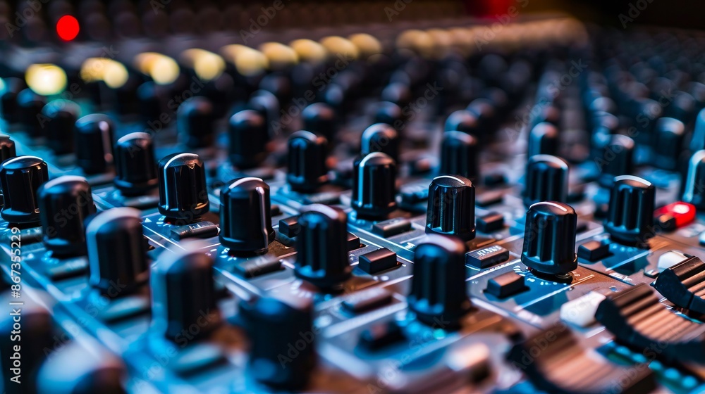 A close up of an audio mixing board. A close up of an audio mixing board.