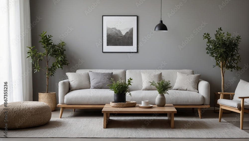 Naklejka premium The living room is beautifully decorated, with light falling on it.AI generated
