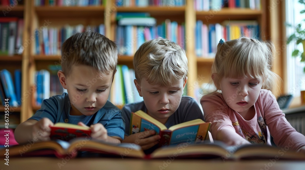 Young children, both boys and girls, are engaged in reading various books in a cooperative setting. Young children, both boys and girls, are engaged in reading various books in a cooperative setting.