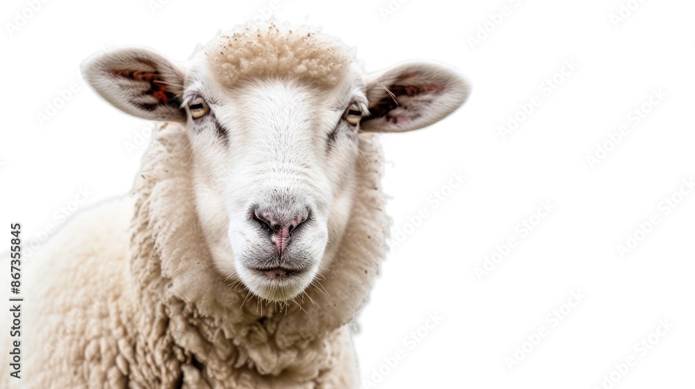 A white sheep chewing while facing the camera on a plain white background A white sheep chewing while facing the camera on a plain white background