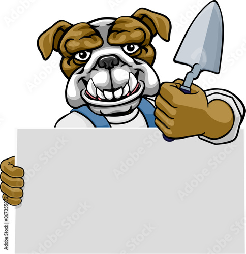 A bricklayer bulldog dog handyman cartoon construction mascot character holding a trowel tool