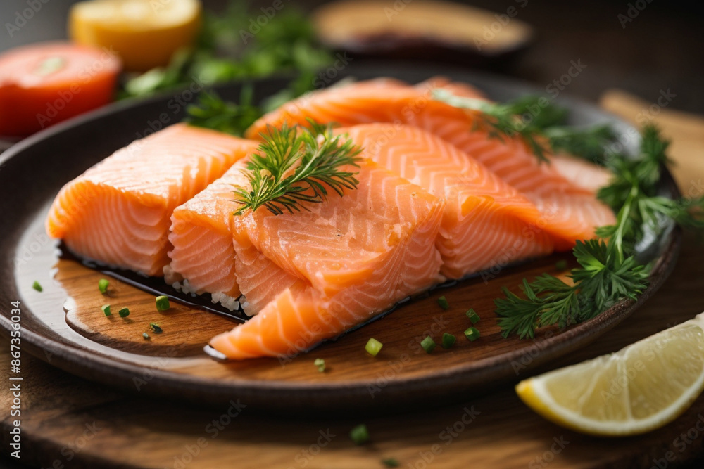 Photo of salmon fillet on a wooden table that looks delicious, Generative Ai Photo of salmon fillet on a wooden table that looks delicious, Generative Ai